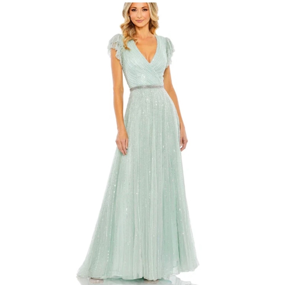 Mac Duggal 5502 Sequin Flutter Sleeve‎ Gown Seafoam Green Size 14 NWT